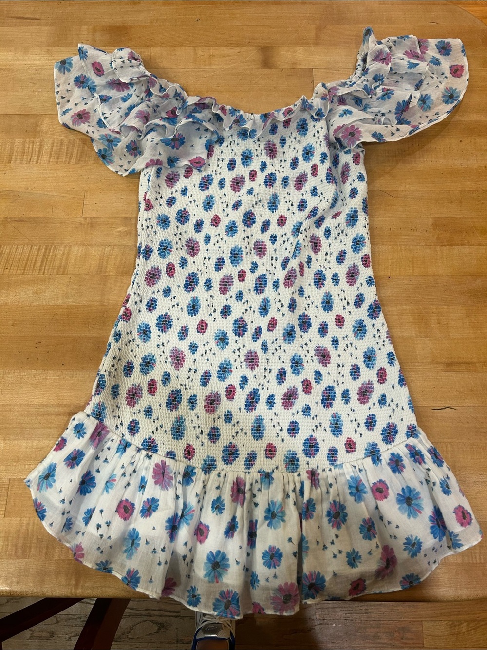 Love Shack Fancy' White Floral Ruffle Dress - Blue & Pink